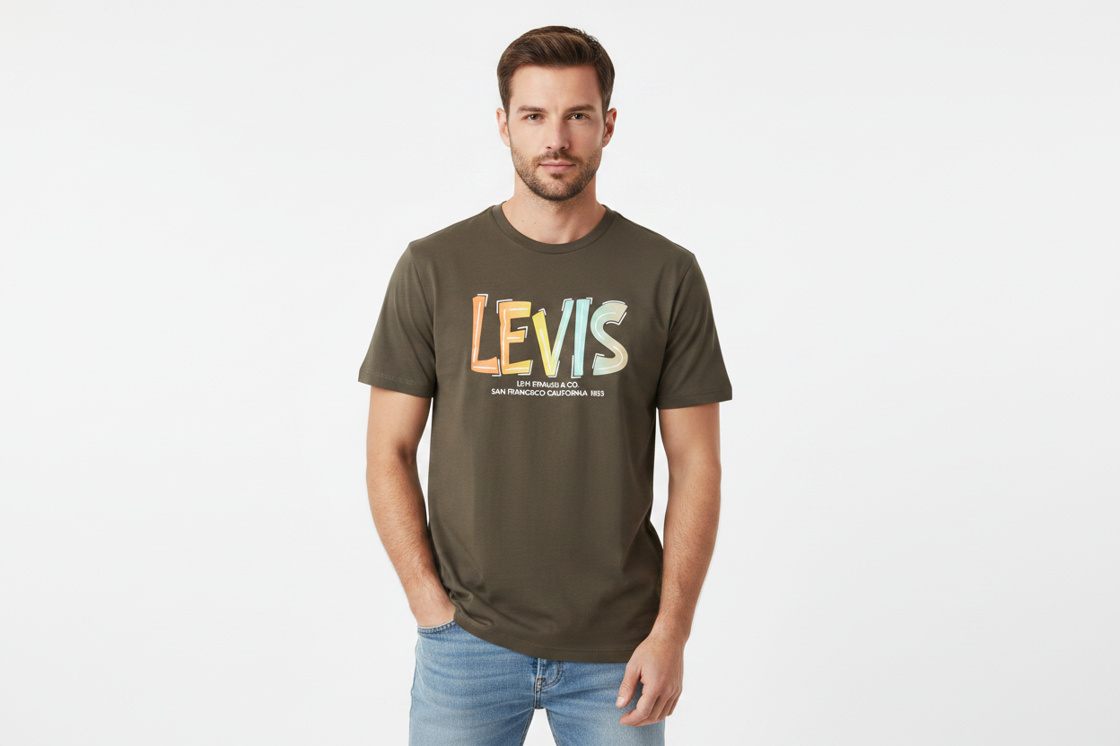 Model wearing dark olive Levi's multicolor graphic t-shirt