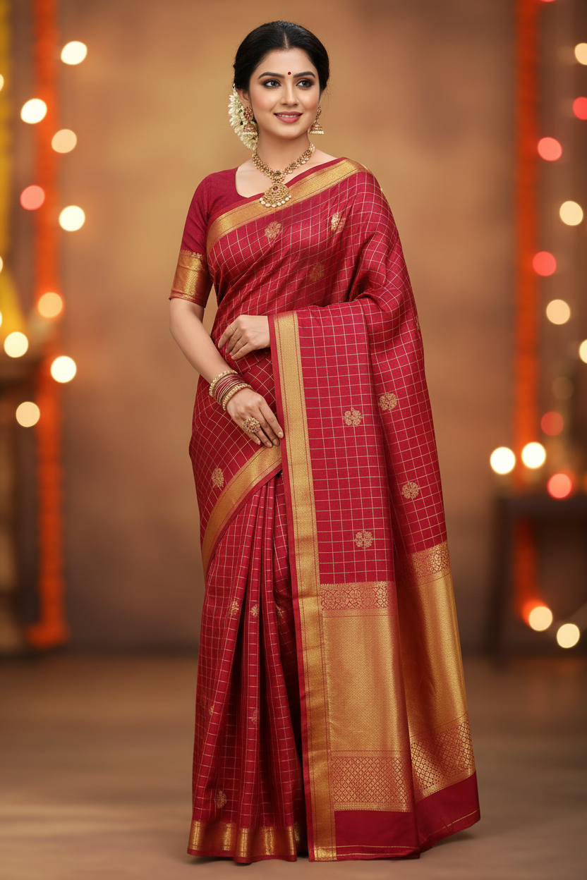 Model wearing deep crimson red Kanchipuram silk saree with gold zari check pattern