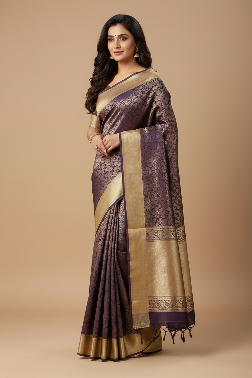 Model wearing deep purple and gold Kanjivaram saree