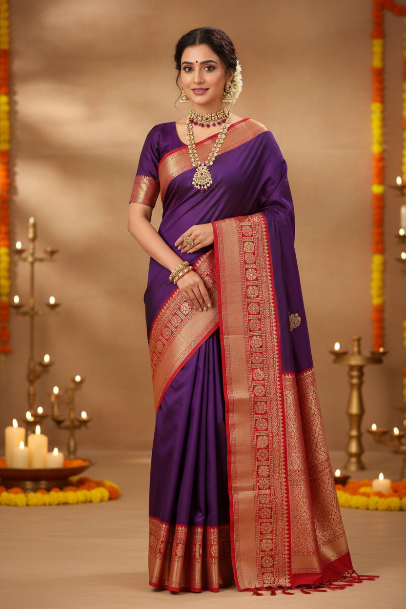 Model wearing deep purple Banarasi saree with bright red silver zari border