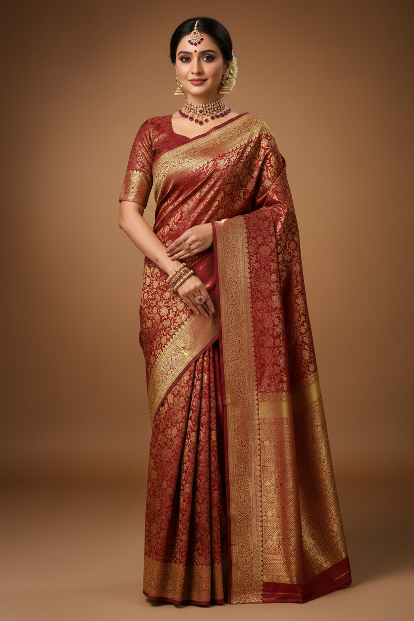 Model wearing Deep Red Banarasi Saree