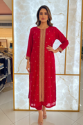 Model wearing deep red embroidered kurta