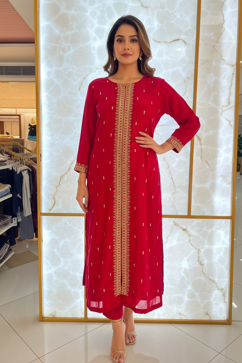 Model wearing deep red embroidered kurta