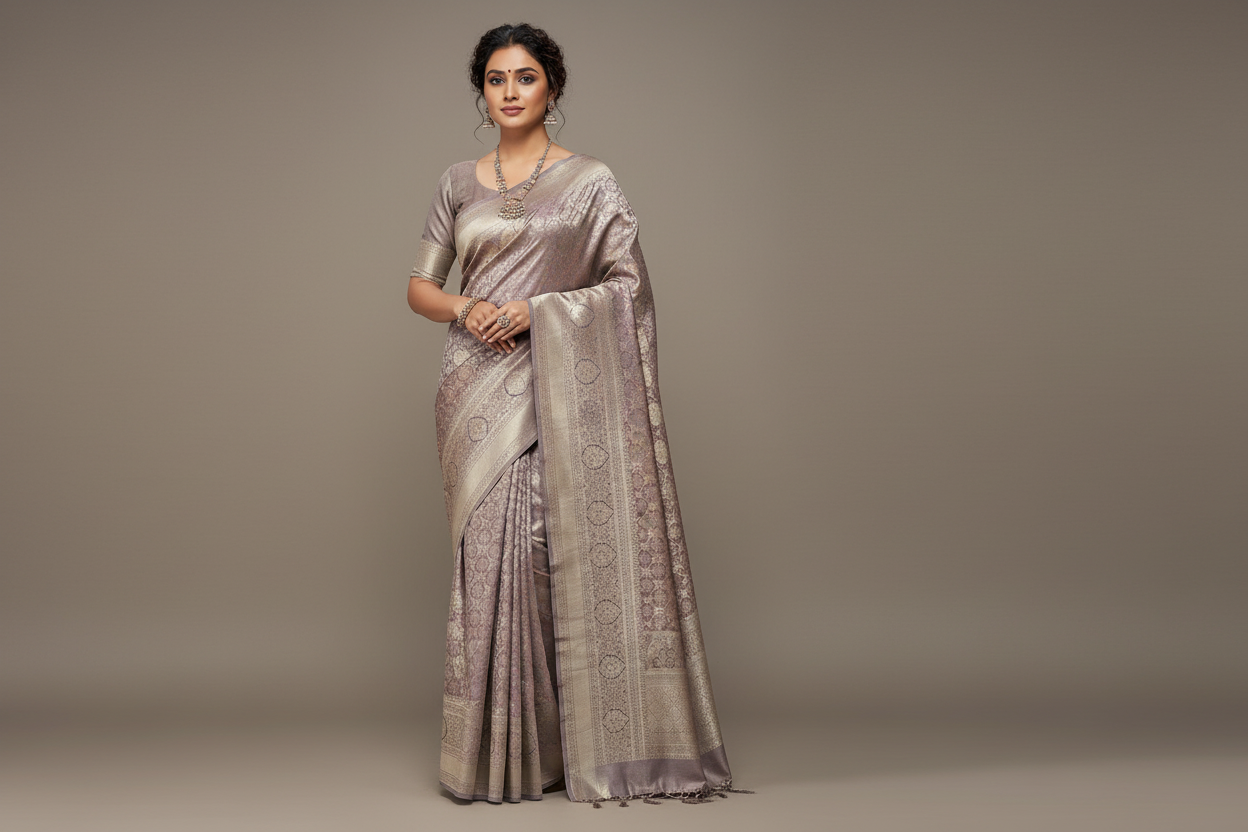 Model wearing Dusty Mauve Silver Tissue Silk Saree