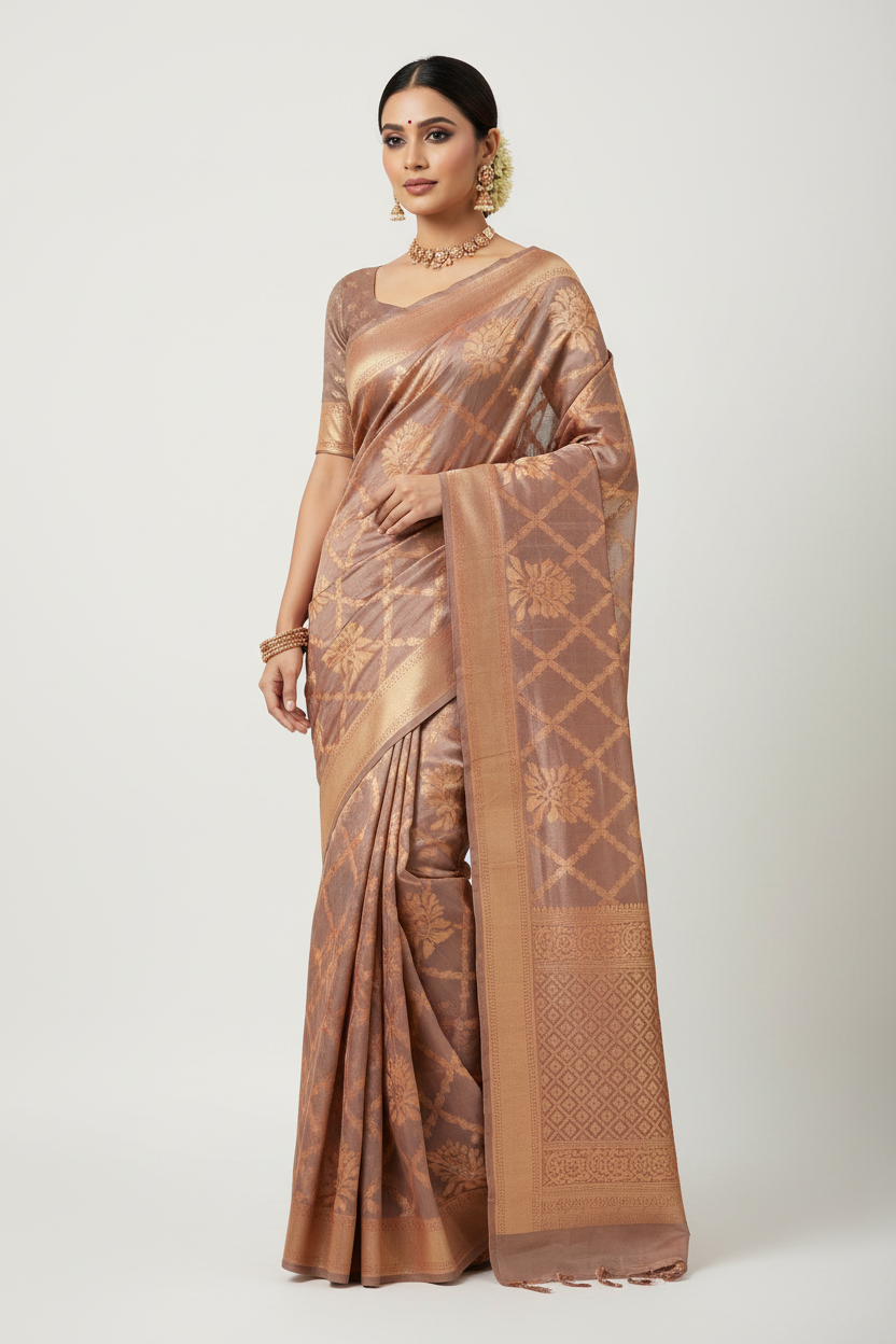 Model wearing dusty rose copper zari brocade saree