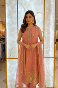 Model wearing dusty rose embroidered kurta