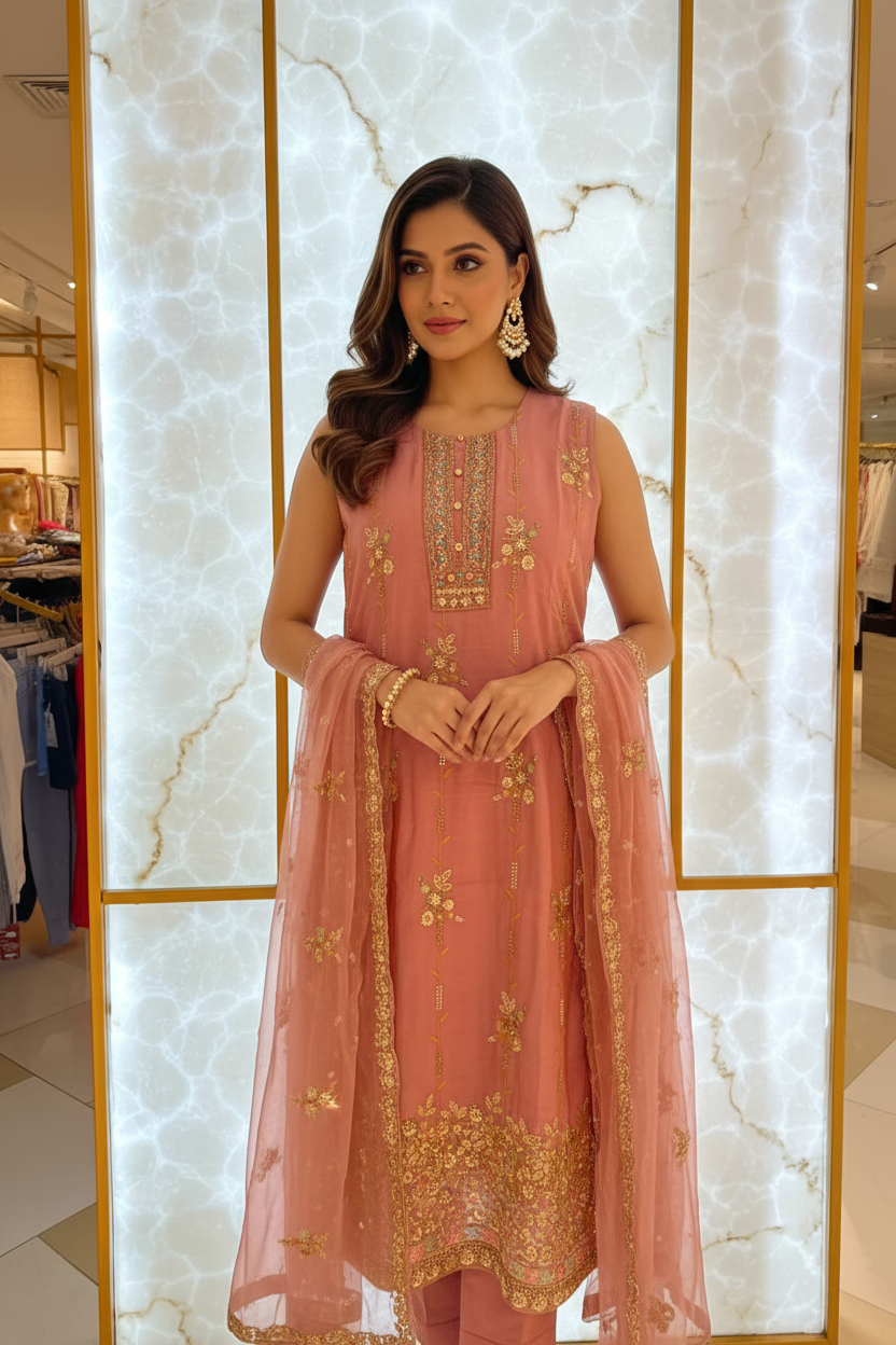 Model wearing dusty rose embroidered kurta