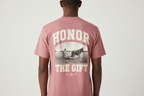 Model wearing dusty rose Honor The Gift t-shirt - back