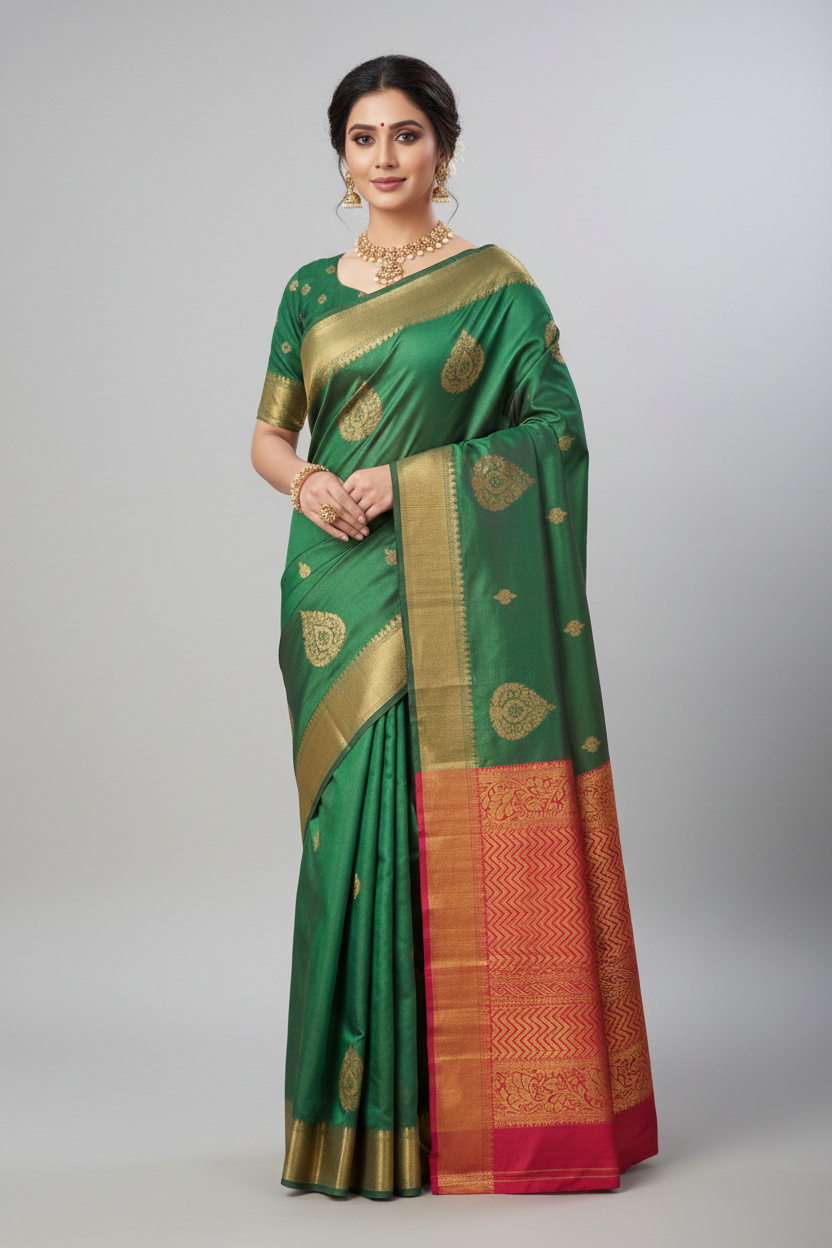 Model wearing emerald green Banarasi saree with red gold border