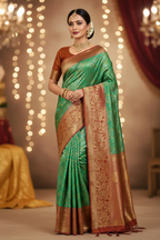 Model wearing emerald green Banarasi saree with rust copper border