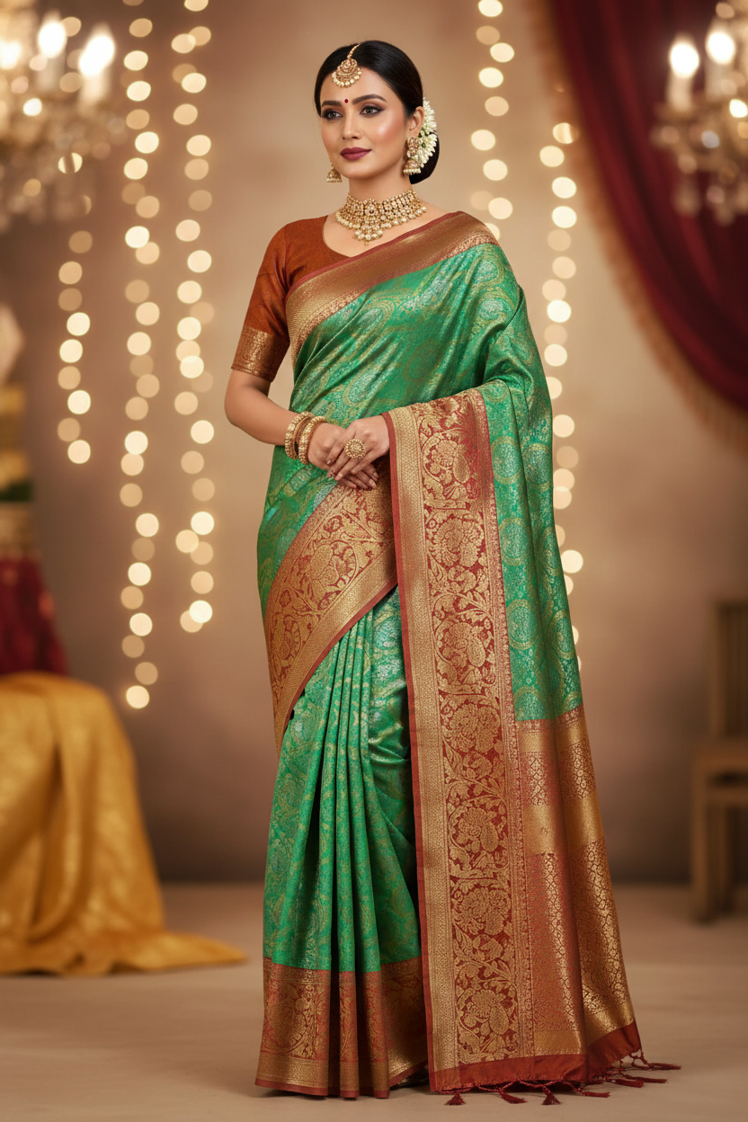 Model wearing emerald green Banarasi saree with rust copper border