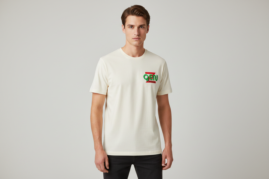 Model wearing GEN Z off-white t-shirt - front