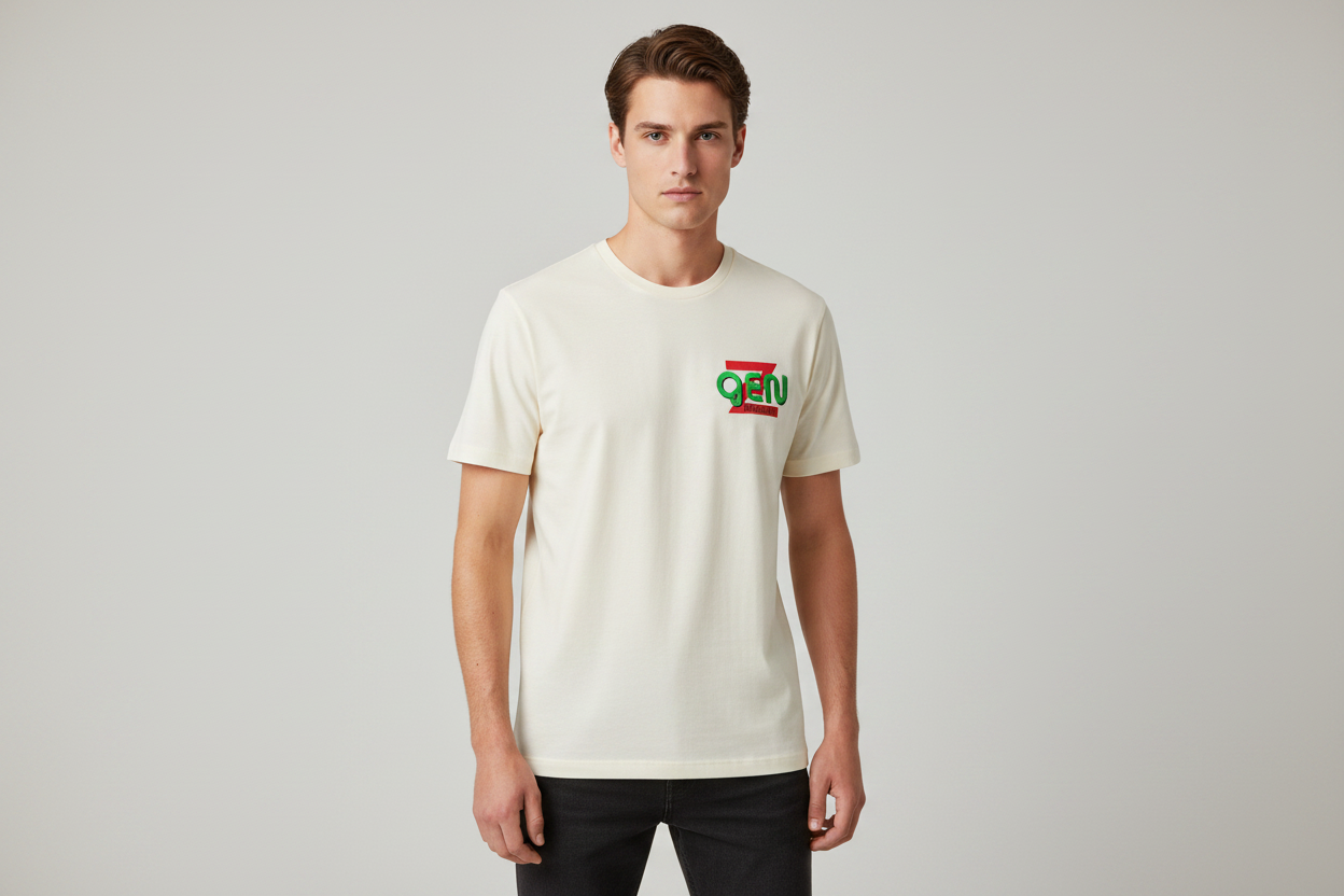 Model wearing GEN Z off-white t-shirt - front