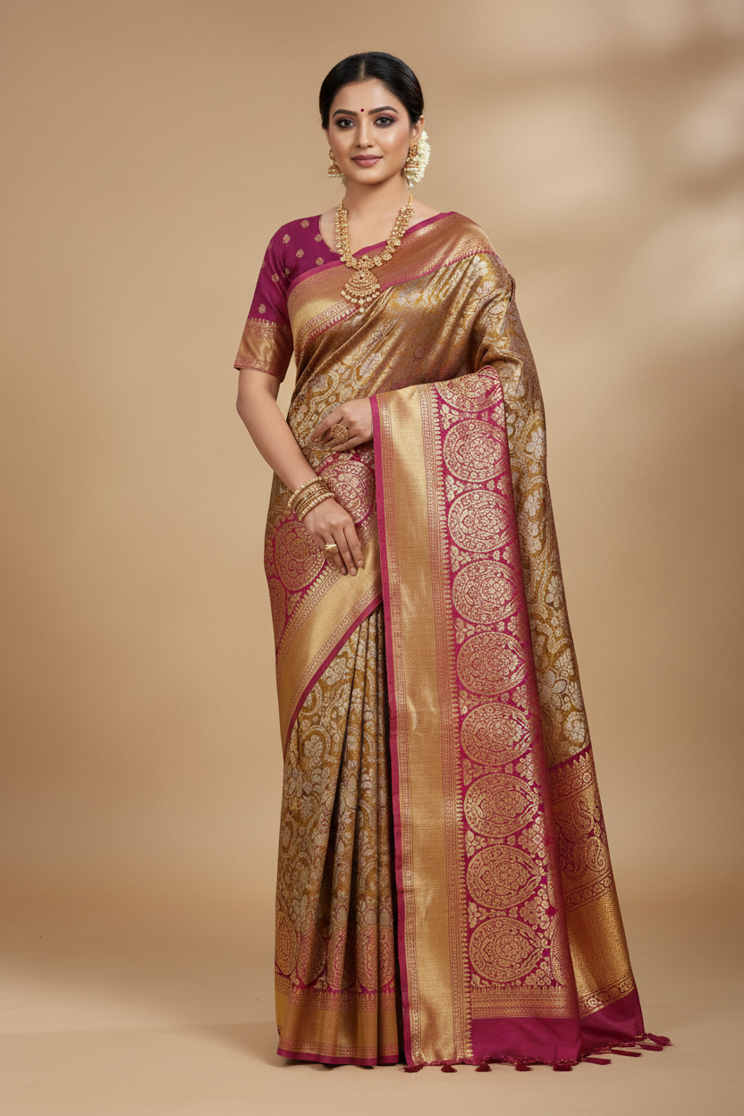 Model wearing gold and magenta Kanjivaram saree