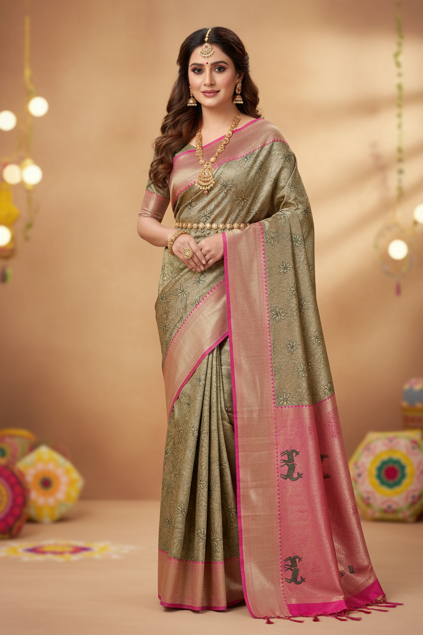 Model wearing golden beige saree with deer border
