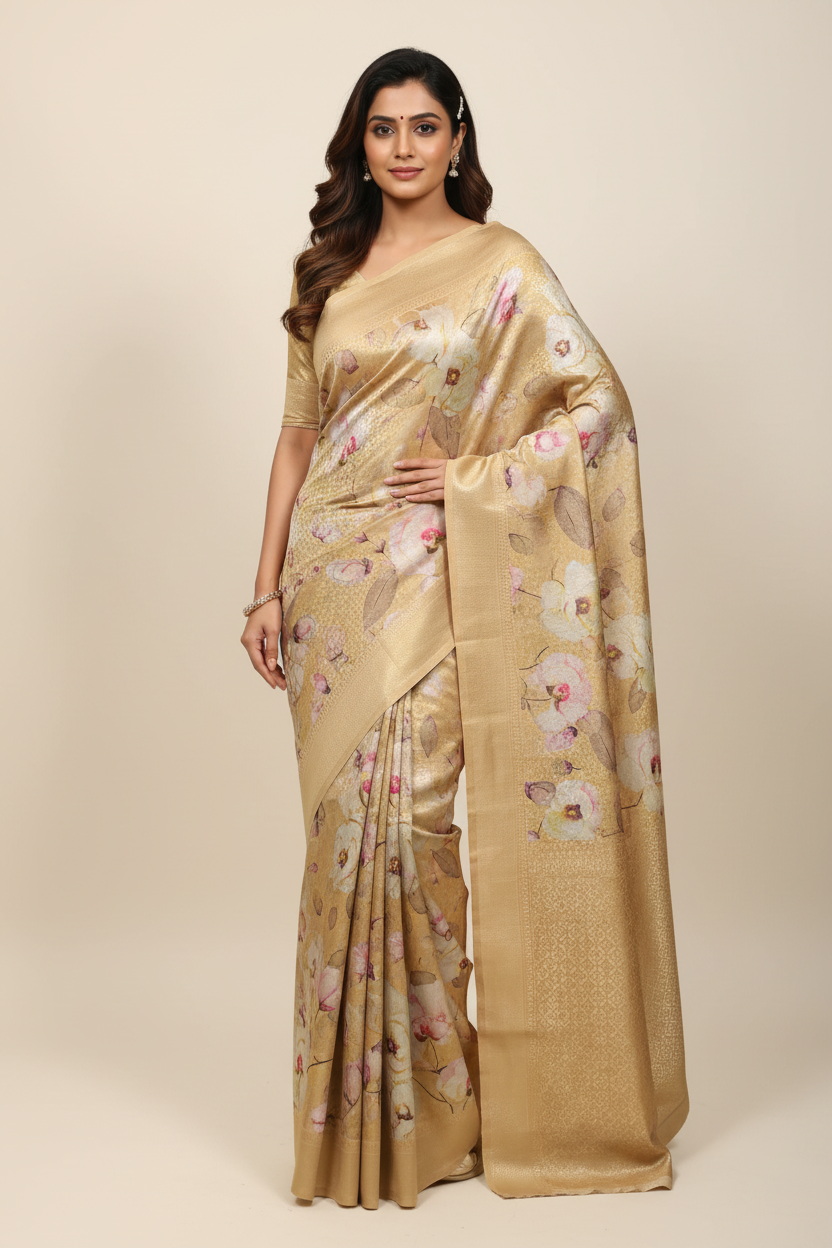 Model wearing golden tissue floral saree