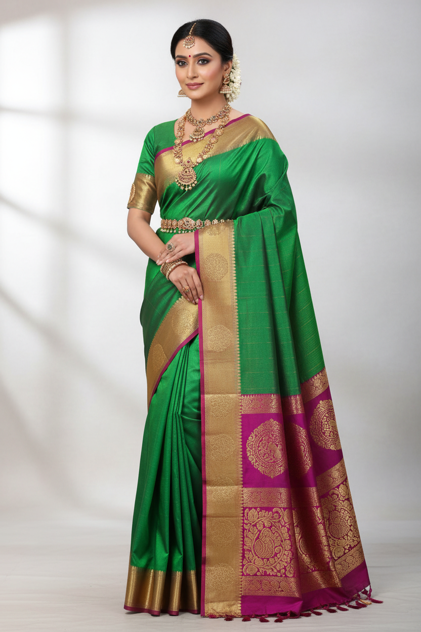 Model wearing Green & Magenta Kanjivaram Saree