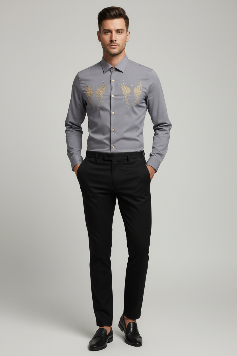 Model wearing grey angel wings shirt
