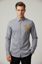 Model wearing grey roaring lion shirt