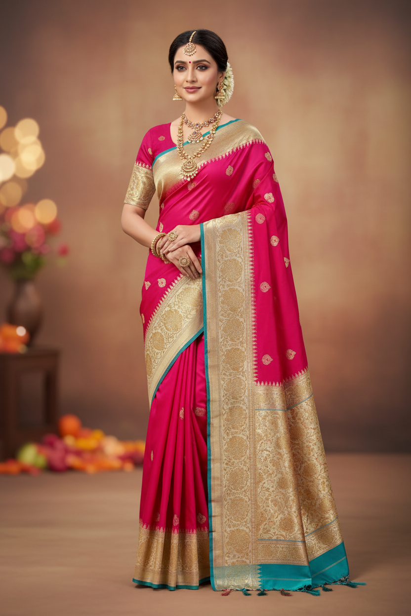 Model wearing hot pink Kanchipuram silk saree with cream gold zari border