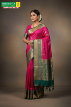 Model wearing Hot Pink & Teal Kanjivaram Saree