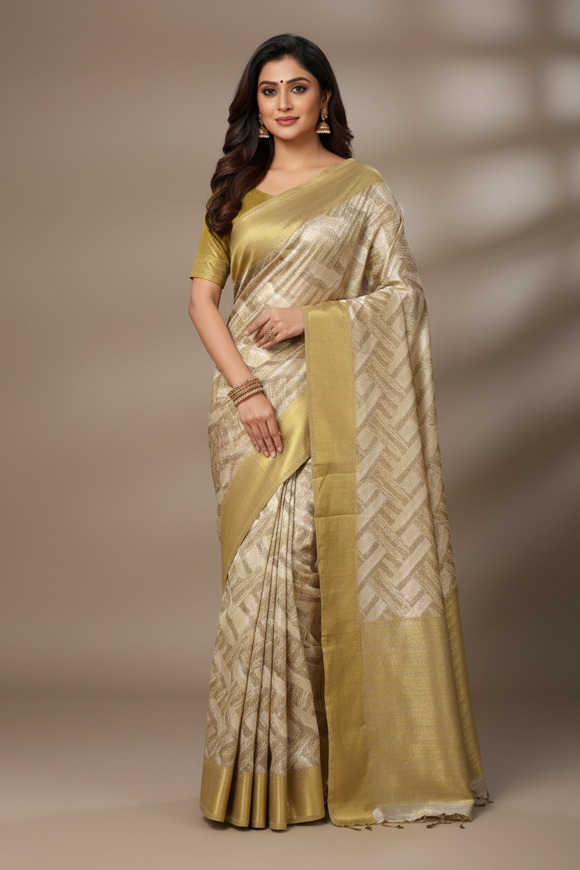 Model wearing ivory gold geometric stripe tissue saree