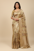 Model wearing khaki gold botanical print tissue saree