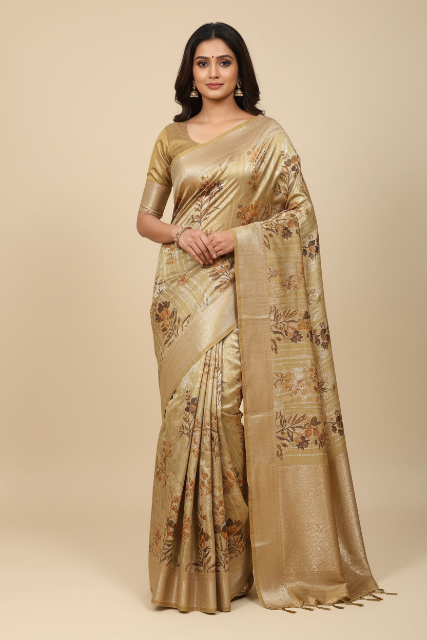 Model wearing khaki gold botanical print tissue saree
