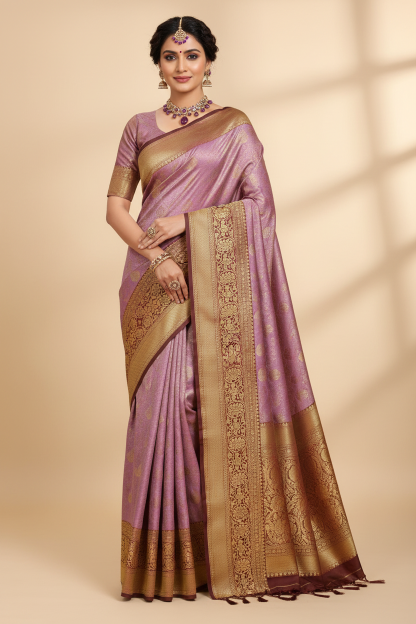 Model wearing Lavender Banarasi Saree