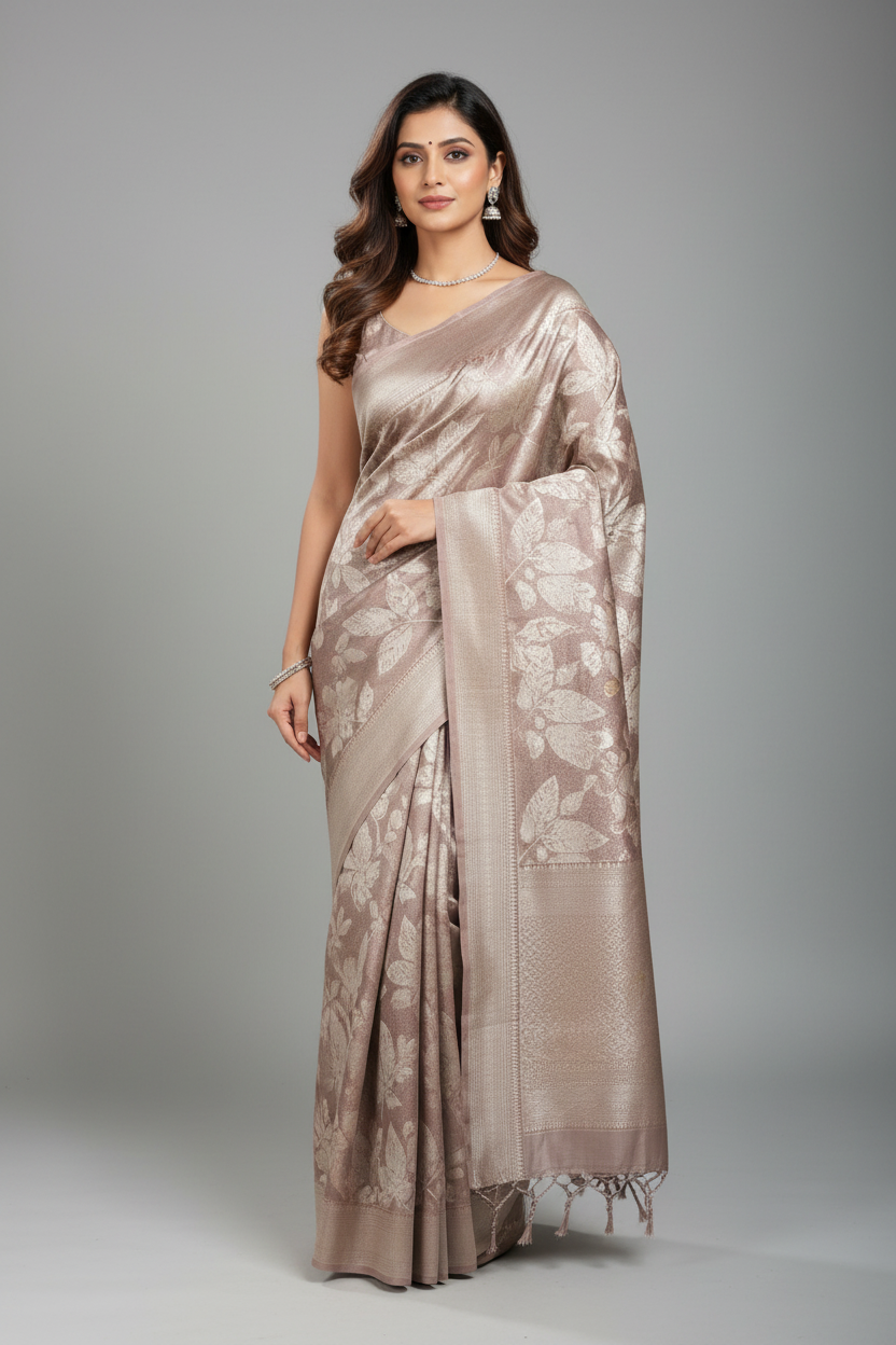Model wearing lavender mauve silver zari brocade saree