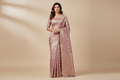 Model wearing Lavender Rose Gold Tissue Silk Saree