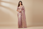Model wearing Lavender Rose Gold Tissue Silk Saree