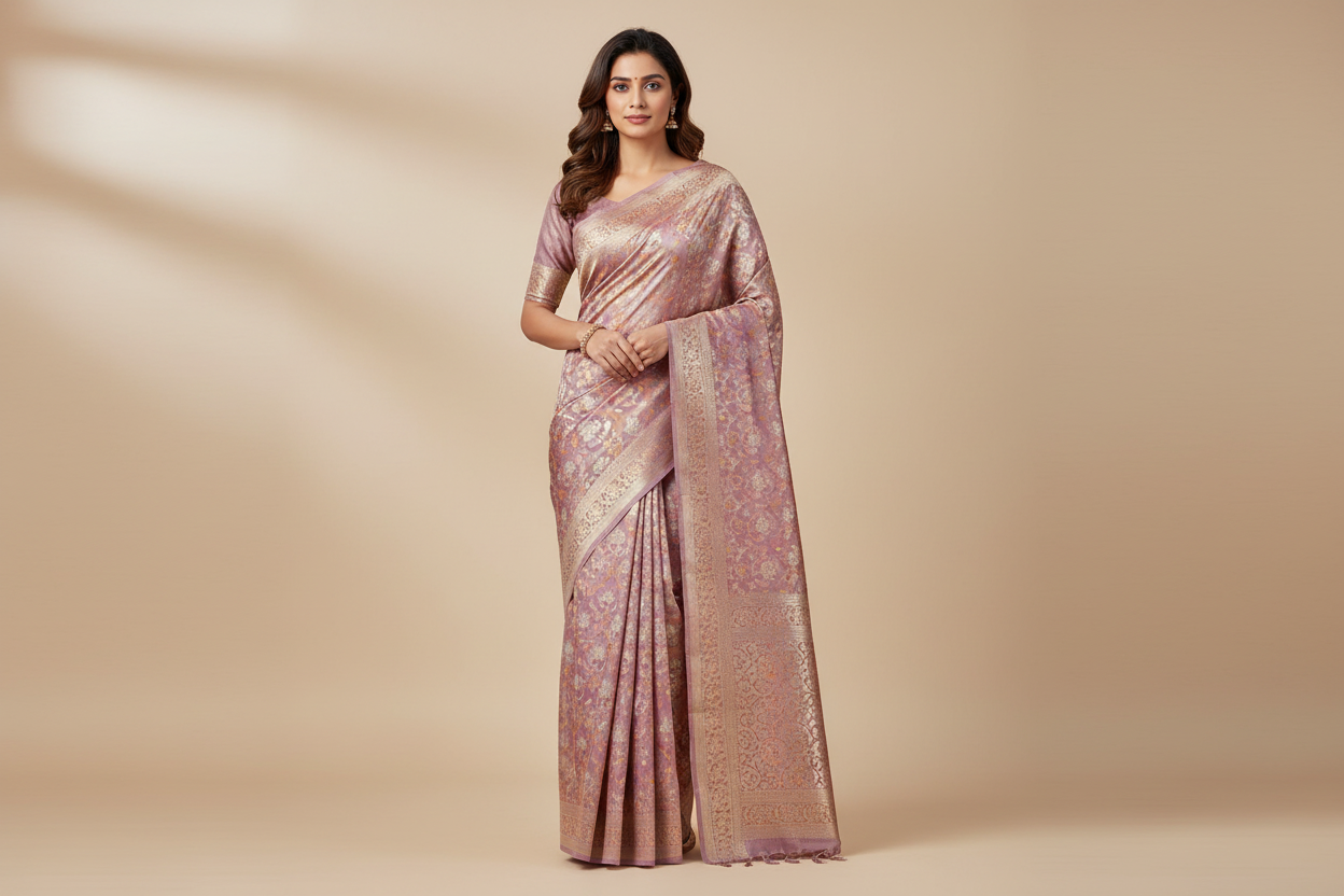 Model wearing Lavender Rose Gold Tissue Silk Saree