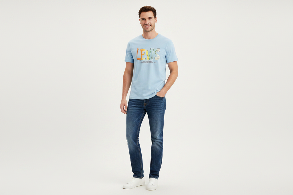 Model wearing light blue Levi's graphic t-shirt