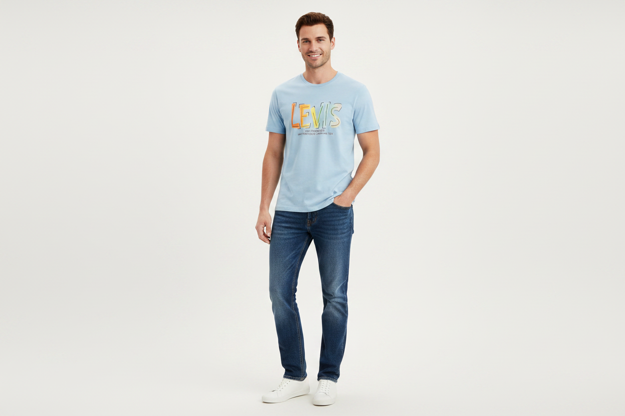 Model wearing light blue Levi's graphic t-shirt