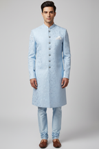 Model wearing light blue sherwani