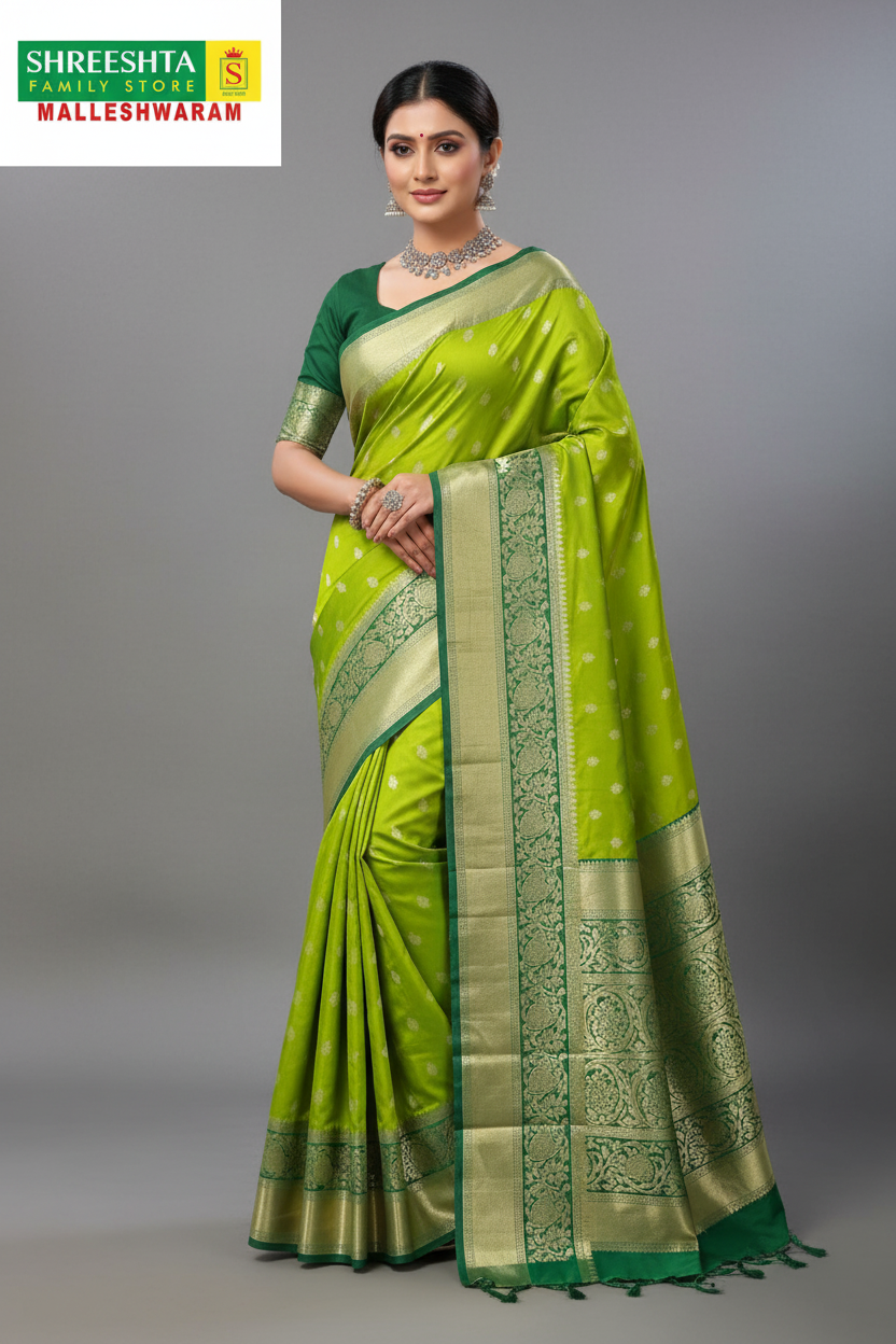 Model wearing Lime Green & Emerald Kanjivaram Saree