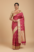 Model wearing magenta Banarasi saree