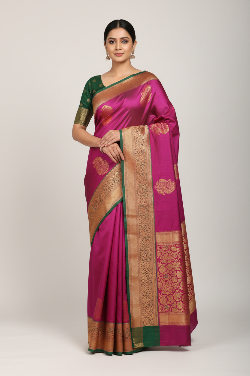Model wearing magenta fuchsia Banarasi saree with gold green border