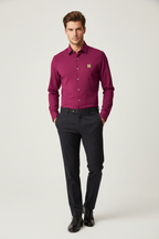 Model wearing magenta monogram crest shirt