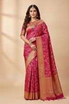 Model wearing Magenta Purple Banarasi Saree