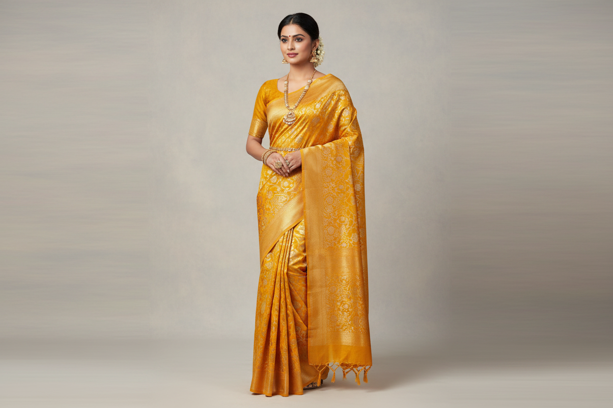 Model wearing Mango Yellow Tissue Silk Saree