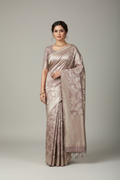 Model wearing mauve Banarasi tissue saree