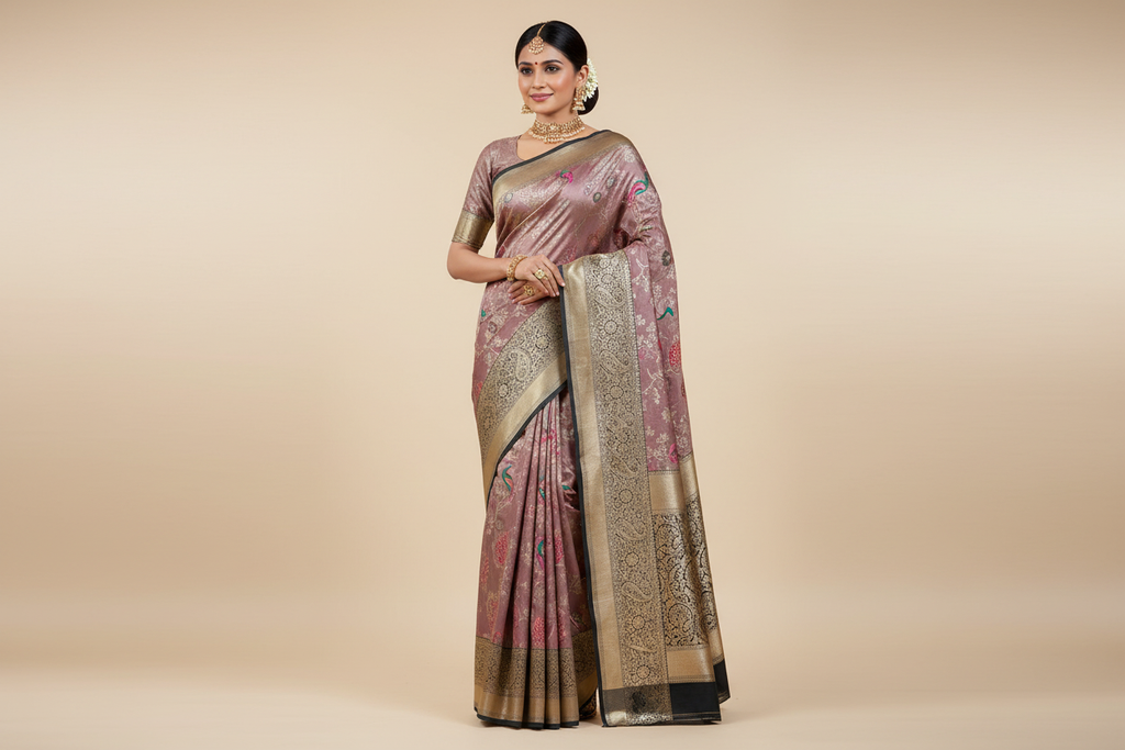 Model wearing Mauve Meenakari Banarasi Silk Saree with Black Border