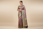 Model wearing Mauve Meenakari Banarasi Silk Saree with Black Border