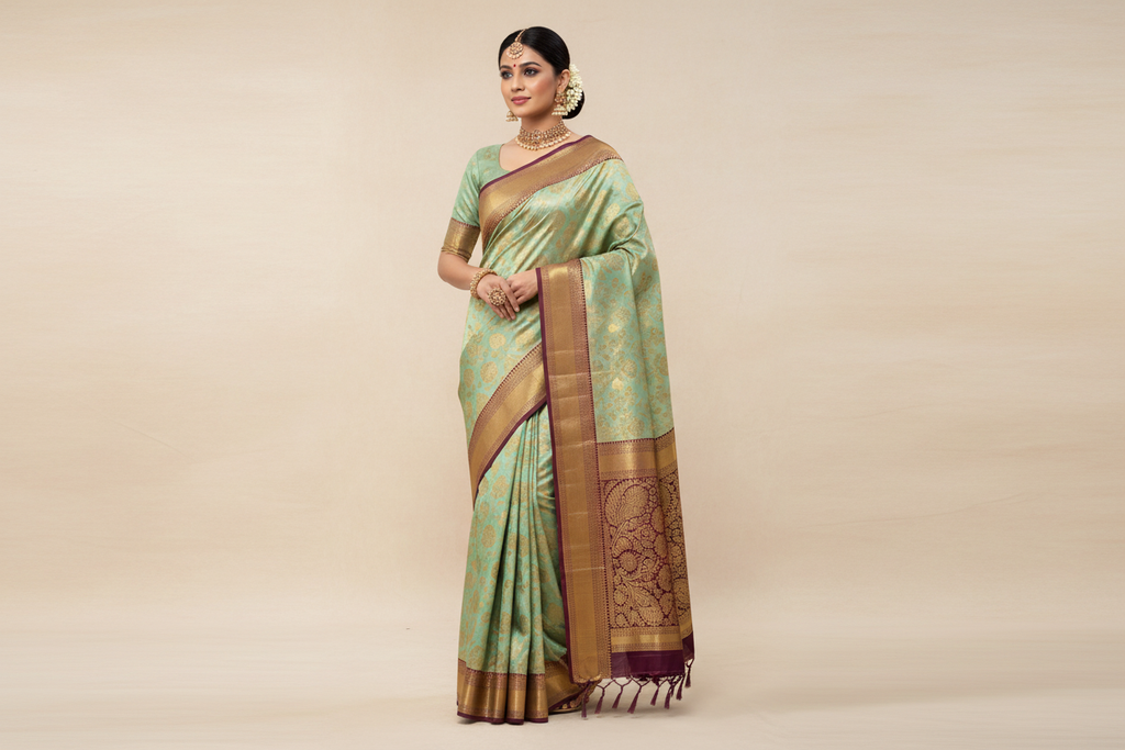 Model wearing Mint Green Kanjivaram Silk Saree with Wine Border