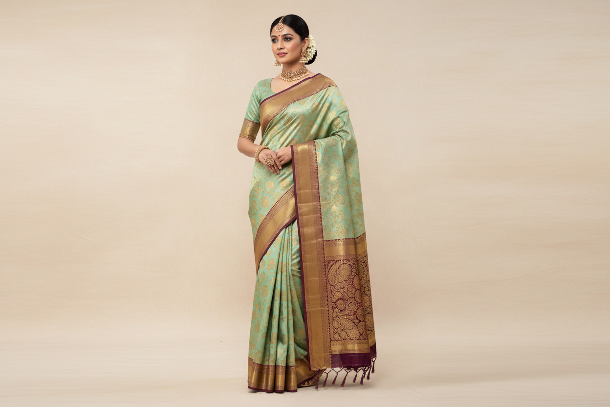 Model wearing Mint Green Kanjivaram Silk Saree with Wine Border