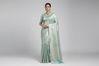 Model wearing Mint Silver Tissue Silk Saree