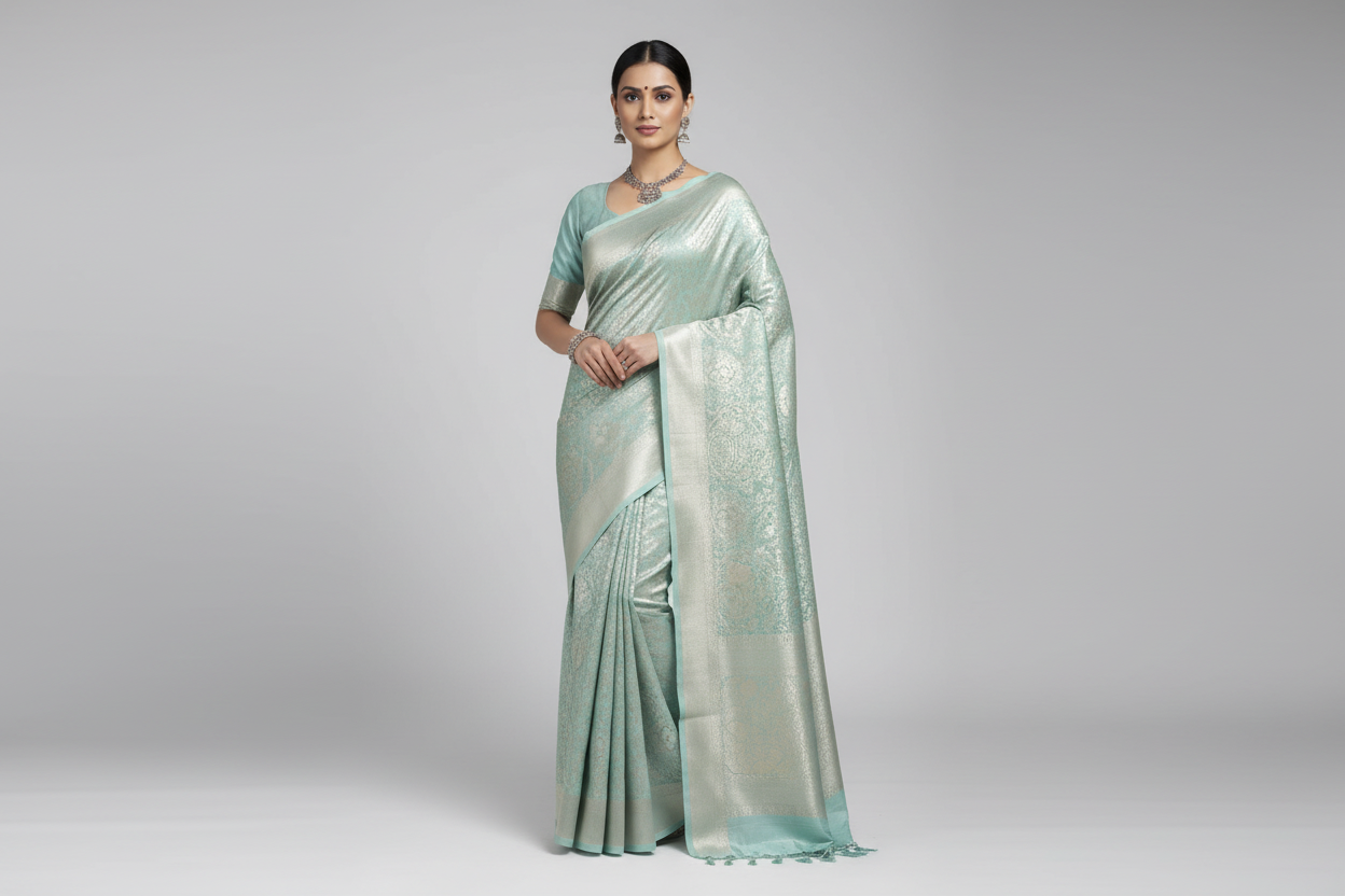 Model wearing Mint Silver Tissue Silk Saree