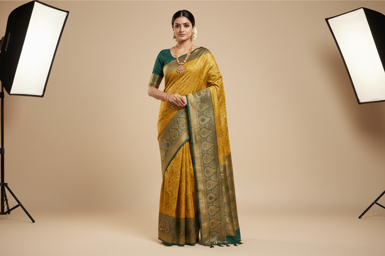 Model wearing Mustard Gold Kanjivaram Silk Saree
